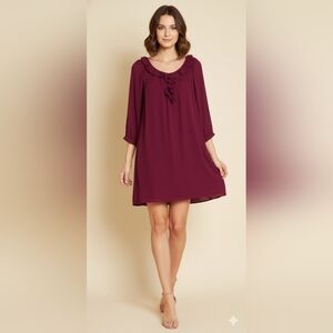 Forever 21 Red Maroon Ruffled 3/4 Sleeve Baby Doll Dress